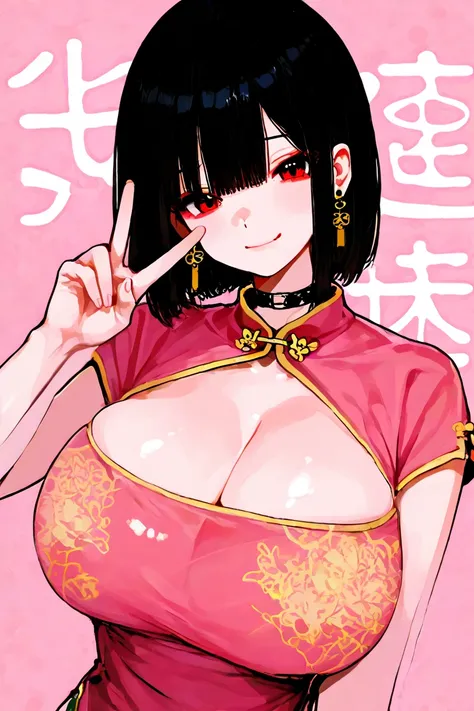  8k wallpaper、   top quality  、 Masterpiece、   748cm style   、 1 female 、  Chinese clothes、 earrings、   choker、 black hair、 short hair、 Under Bob   、  very big breasts 、 Chinese character background 、    pink background 、  cowboy shot、smile、 upper body、 se...