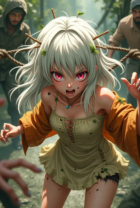 Overhead shot of A very short young anime girl with long white frizzy hair stained with green and adorned with sticks and leaves, with pink fierce eyes, wearing a worn and ripped up blonde strapless sleeveless slim top with a mini dress ripped in half with...