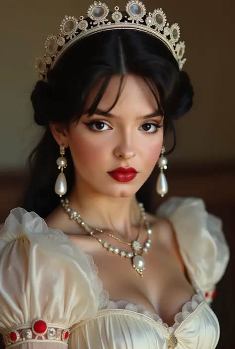  PRETTY GIRL 、  angelic face、 a bit shady, pele morena,  tiaras dress, gloves,  hair details and white clothing with red details 、 style from Brazil's pre-independence period,  lights、HD,  photography、rings ,  breasts all half transparent, Translucent.  Bl...