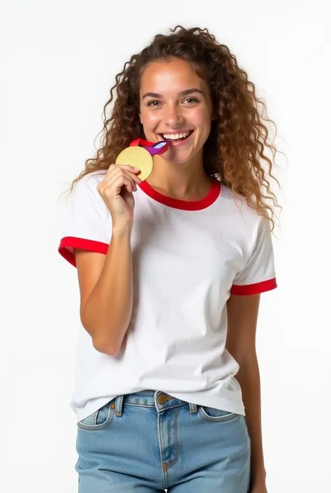 Front view of a young woman with curly brown hair, with a happy and excited expression, wearing a white t-shirt with a red collar and short sleeves with red details on the edges, with jeans and sneakers, proudly holding a gold Olympic medal in her hand. Sh...