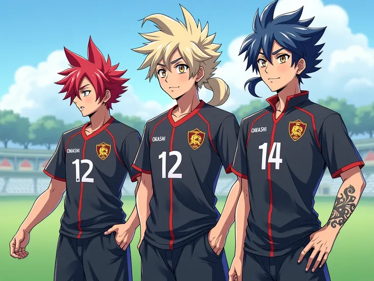 3 male oc sappelle okashi et sami et yano de l'univers inazuma victory road.
okashi porte le maillot numero 12  
de l'equipe ombre eternal. cheveux rouge en forme d'aileron de requin ses yeux ecarlate perçant.hauteurs 1m80 es trés musclé. sur le terrain de...