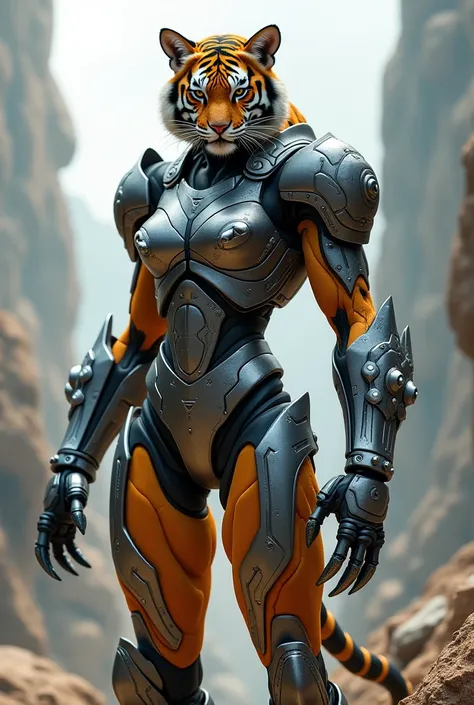 full body female Tiger/human hybrid armor, mecha tech wear, robotic paws