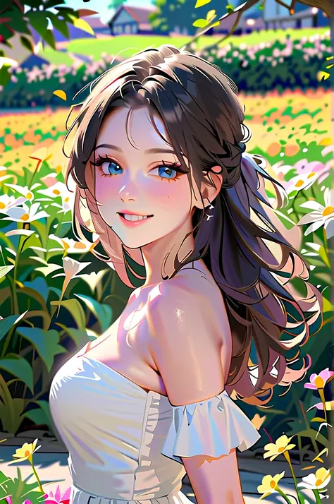  best quality ,  Masterpiece,  super high resolution , (Realistic:1.4),  original photo,  1girl ,  white dress ,  strapless, Coloured flower field, Glowing Skin,  Smiling light 