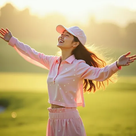  Beautiful Korean Spirituality in her 20s , Full body expression , Golf course background, Relieves stress, Backlight,  long hair, Laugh happily,  light pink polka dot pattern golf top, Long sleeve golf top ,  light pink golf scud ,  short length skirt, Su...