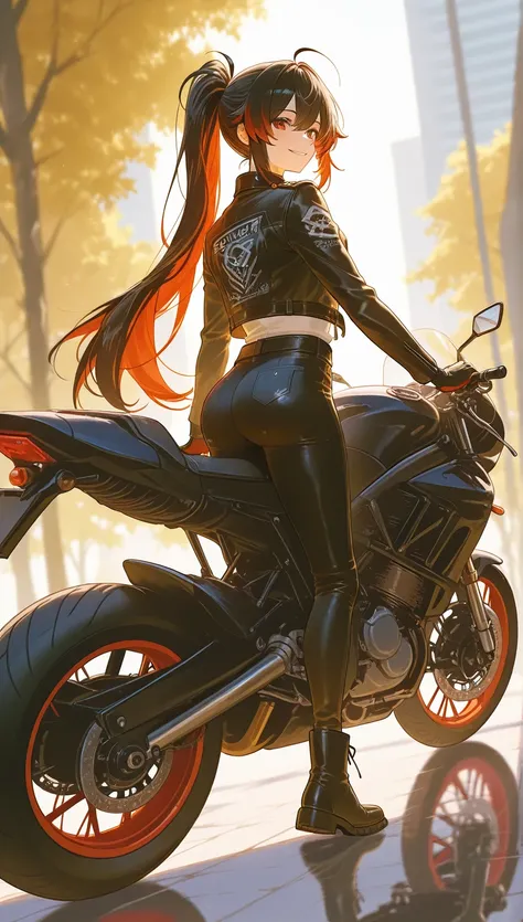 , beautiful, correct face, detailed face,score_up 8,1 girl, motorcycle, motor_vehicle, ass, jacket, outdoors, solo, looking_at_viewer, black_hair, gloves, multicolored_hair, pants, reflection, smile, ponytail, boots, biker_clothes, looking_back, leather, b...