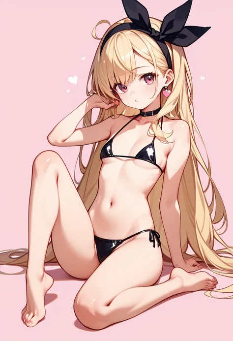  high definition 、 HD、 cute girl、About elementary school age、 from my chest、 blonde、 loose fluffy middle straight 、 micro bikini、 small tits、 cleavage、 barefoot、 simple light pink background 、 headband with black ribbon