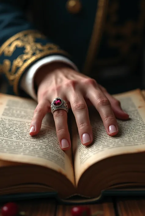 Create the realistic image of a male hand, On an open book of old sheets. Add a thick silver ring with a ruby to your ring finger and show off the sleeve of your gold-embroidered suit. 