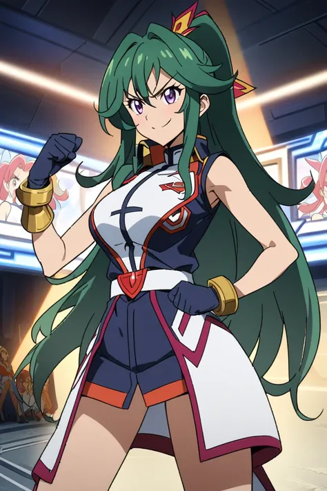  1girl,solo,strong willed , green hair,  you're clenching your right fist  ,  your hair bounces off  ,  sleeveless,  long hair,breasts,smile, handless gloves  ,smile,Winning Spirit, sleeveless,  Shut up your expression,  Pretty Cure,Gundam,Yu-Gi-Oh!!,Crims...