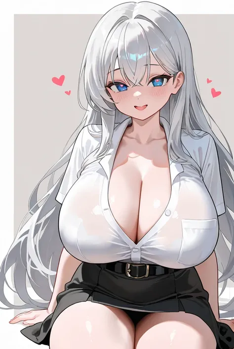 White woman, gray hair, blue eyes, heart-shaped face, beautiful appearance, hourglass doll of Thai descent, large breasts, big breasts, big milk, giant milksThe highlight of the image is wearing a dress, a white short-sleeved shirt with a concave spot on t...