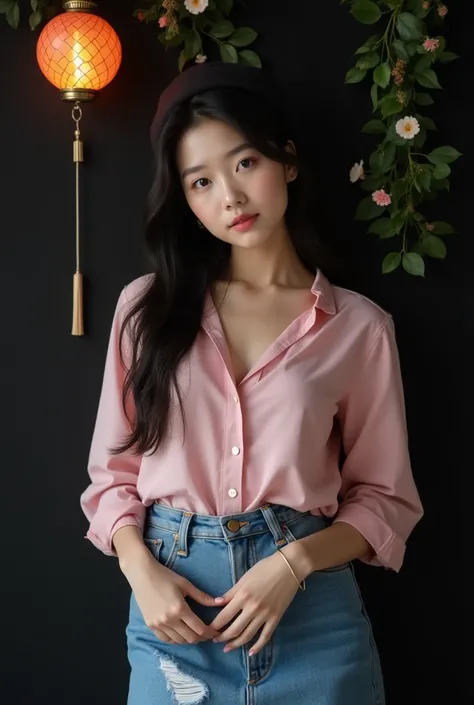 close-up portrait of a young native korean woman leaning on a black background there are flowers and green leaves hanging there is a betel lamp light bulky and plump big chest solid filled with white skin and smooth big breasts and big hips wear pink shirt...