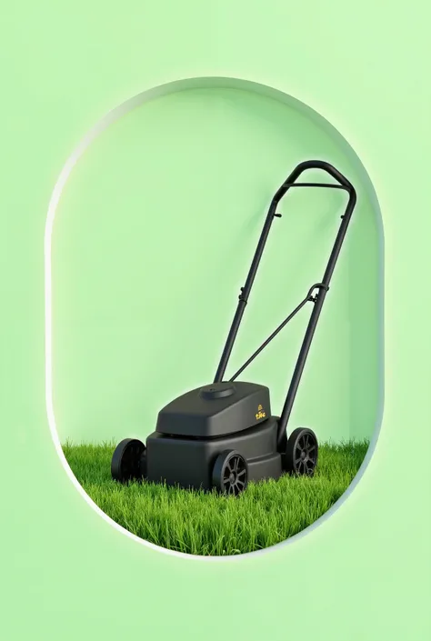 An all black residential push lawn mower, on top of short green grass, all within the white outline of a circle, with a light green background colour with a minimalistic design