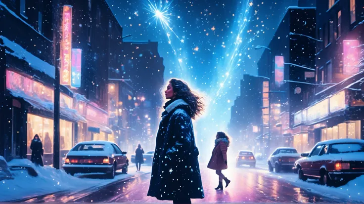 A winter nightscape with a 1980s city pop atmosphere. A romantic Christmas scene with the city's neon lights glowing and snow falling silently. The main character is a woman in a warm coat, her clear breath dancing in the night sky. Fantastic diamond dust ...