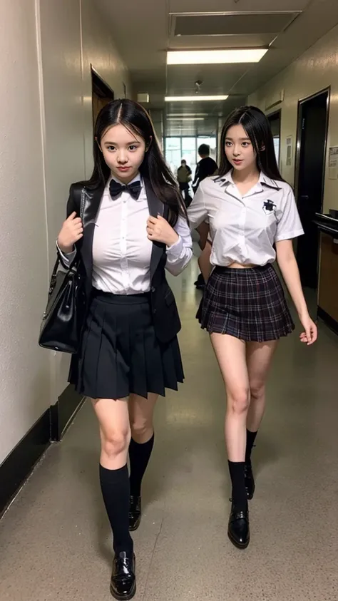 Two beautiful high school girls with huge breasts that seem to spill out due to their huge breasts are wearing uniforms, and 1 person is late walking down a long hallway cutter shirt, pleated skirt, high socks, leather shoes