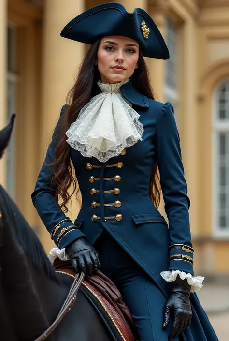  Girl in a 1710s Man's Versailles Man's Suit. Historic rococo costume with navy blue frock coat, Waistcoat, knee-length trousers, Dark Horse ,  Military Blue Buttoned Doublelet ,  Musketeer Boots  ,Lace cuffs,  Large Ruffle Lace Javoclavat , ,, Three-corne...