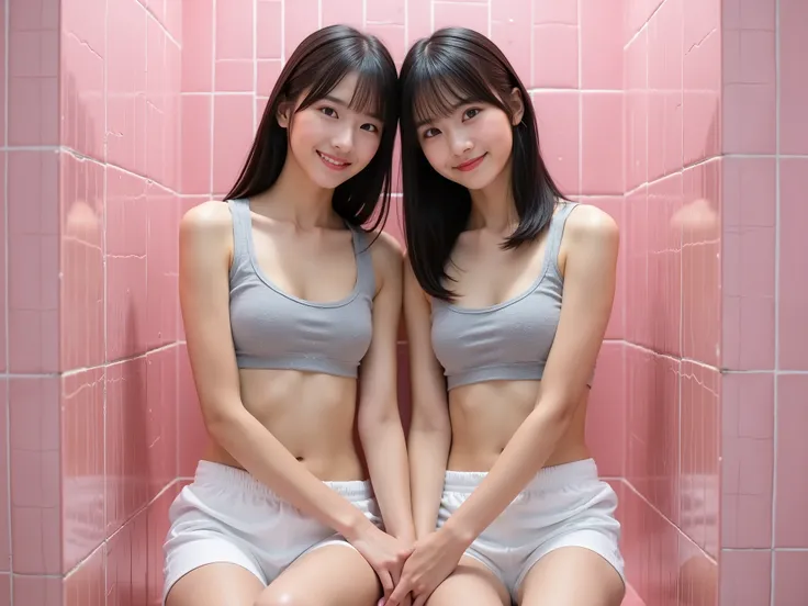 (photo:1.3),portrait photo,Masterpiece, nsfw,8k,photo realistic,full body shot,shooting from below,(14yo Japanese 2 girls sitting with hand in hand,  slender body, diminutive,flat chest:1.3, Wide pelvis,  Small Ass,   toned limb),(natural makeup, 149 cm ta...