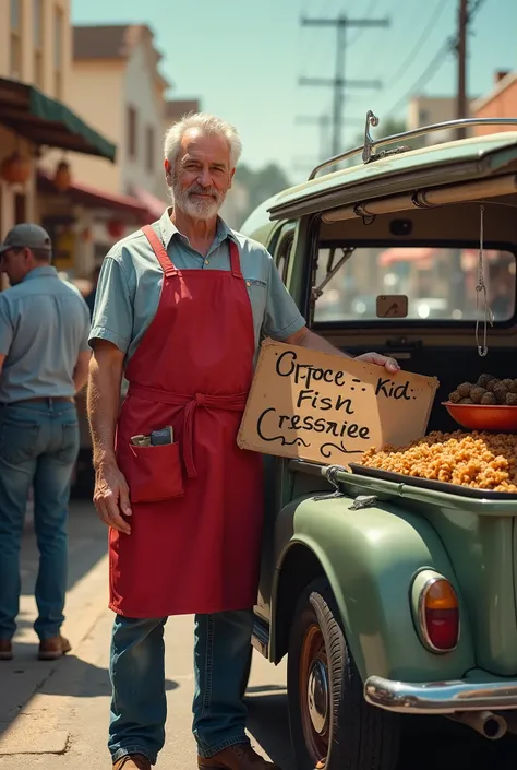  Man r with a red apron and a notice saying: " FISH CASSEROLE THE BLESSING " And next to his sales car 