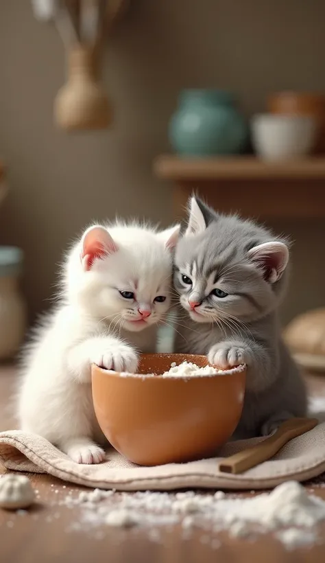 Two white and gray kittens share a little chef's belly towel as they mix a bowl full of flour and their whiskey is smeared with flour in a warm atmosphere.