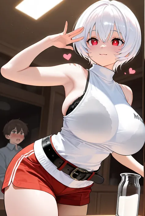 White woman, short hair, brown, red eyes, heart-shaped face, beautiful appearance, perfect hourglass figure, large breasts, big breasts, giant milk, wearing black bra, red shorts, black belt.