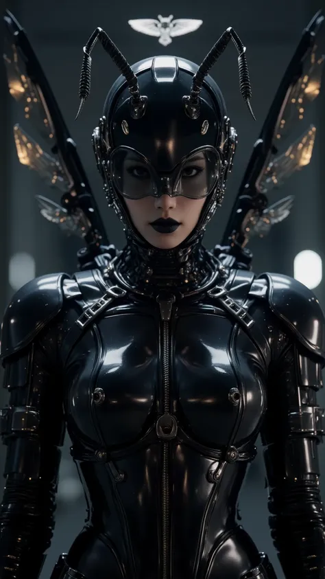 Movie-like portrait of a Japanese actress who plays the biomechanical ant and cockroach hybrid sci-fi villain。 in a dark brown metallic 、 a sleek black exoskeleton bodysuit 。 segmented armor plates accentuate the feminine silhouette 。The helmet design that...