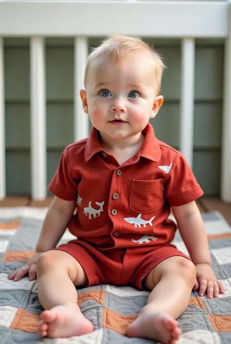  A beautiful baby boy sits on a quilted blanket with a geometric pattern in shades of gray, beige and brown. He wears a red shirt with small drawings of sharks and crabs,  brown buttons and a breast pocket . Your shorts are reddish red,  matching the detai...