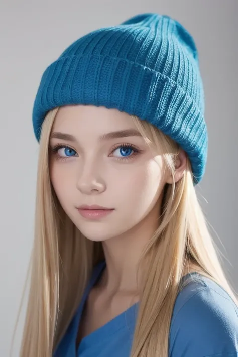  portrait of a blond girl in a blue hat and blue shirt