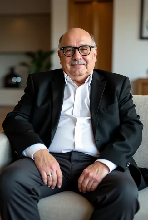 A handsome masculine mix Turkish and Mexican chubby 60 year old man with short, thin hair, thick glasses, and a mix between jersey engle dan Fernando soto , chubby, thin hair almost bald, sitting astride on the couch wearing black suit , white shirt and da...