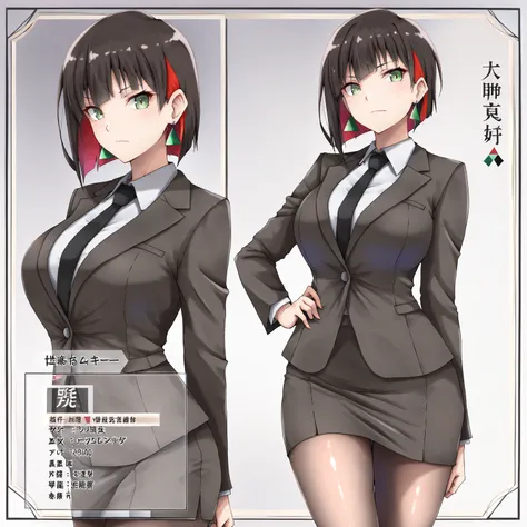 masterpiece, (((( best quality )))),1 girl, Japanese Anime ,character profilele,shiny skin, wearing a black suit,skirt suit, black tie , dark hair, short bob hair,The inner color of the hair is green, green eyes,isosceles triangle earrings, black tights,la...