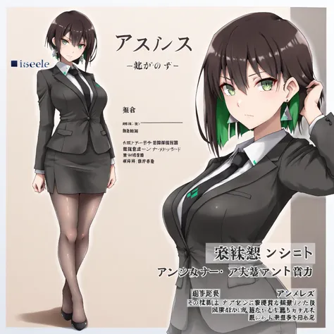 masterpiece, (((( best quality )))),1 girl, Japanese Anime ,character profilele,shiny skin, wearing a black suit,skirt suit, black tie , dark hair, short bob hair,The inner color of the hair is green, green eyes,isosceles triangle earrings, black tights,la...