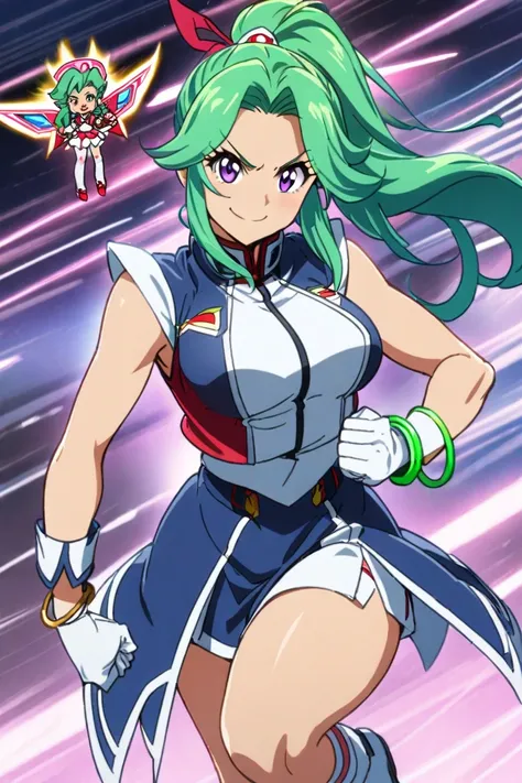  1girl,solo,strong willed , green hair,  you're clenching your right fist  ,  your hair bounces off  ,  sleeveless,  long hair,breasts,smile, handless gloves  ,smile,Winning Spirit, sleeveless,  Shut up your expression,  Pretty Cure,Gundam,Yu-Gi-Oh!!,Crims...