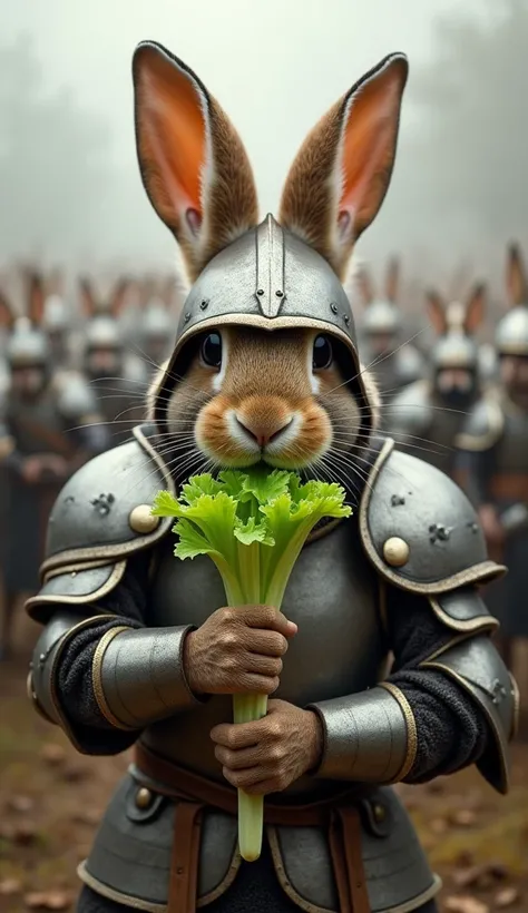 A strong and courageous rabbit,  dressed in medieval warrior armor , with a protective helmet on his face like an ancient warrior,  with shiny and resistant details ,  that cover its body and ears . The rabbit holds part of a lettuce with its mouth alone, ...