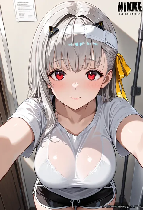 masterpiece,best quality,official art,wall paper,absurdres, beautiful detailed face,detailed texture,detailed skin,BREAK 1girl,nikke,source_nikke,modernia,silver hair,red eyes,bandage on the head,yellow ribbon,shirt,shorts,room
