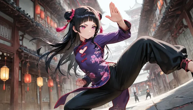 black hair, arched bangs, pink eyes, chinese clothes, purple shirt, heart cutout, black pants, fight stance, masterpiece, best quality, amazing quality, detailed background, intricate details