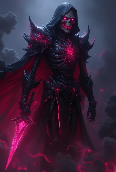 score_9, score_8_up, score_7_up, a skeleton death knight walking through ebony smoke, neon ruby eyes, smoke coming from its mouth, upper body, looking at the viewer, black cloak, black armor, ruby ornaments, neon ornaments, ruby cape, black hood, neon swor...