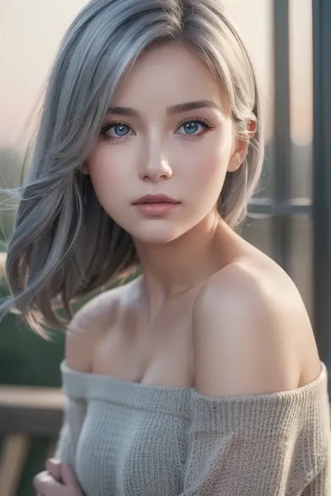  top quality, masterpiece,  Super high resolution , ( Photorealistic : 1.4),  RAW photos ,  One Girl ,  off the shoulder,  cinematic lighting, Kissing Pose, Heterochromia, Gray Hair, Gray Hair