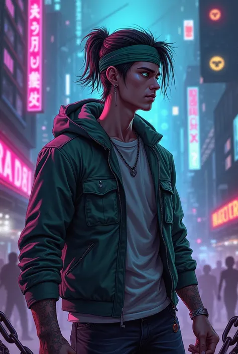 A futuristic sci-fi novel cover featuring a 19-year-old male protagonist, Yuri, with long hair tied in a band, showing only the top part of his head pulled up while the lower half is shaved into a fade. He has greenish-blue eyes that reflect both intensity...