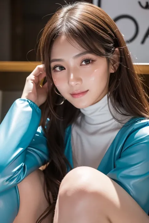  lightblue latex bodysuit、   knee-high boots 、face-closeup、
Huge 、  長い tea hair、Sparkling,   oily skin 、  growing skin  、  white skin、Flying debris,  best quality ,  realistic,   tall Highly detailed , finely,  Shown below ,  8k Dende wallpaper ,  beautifu...