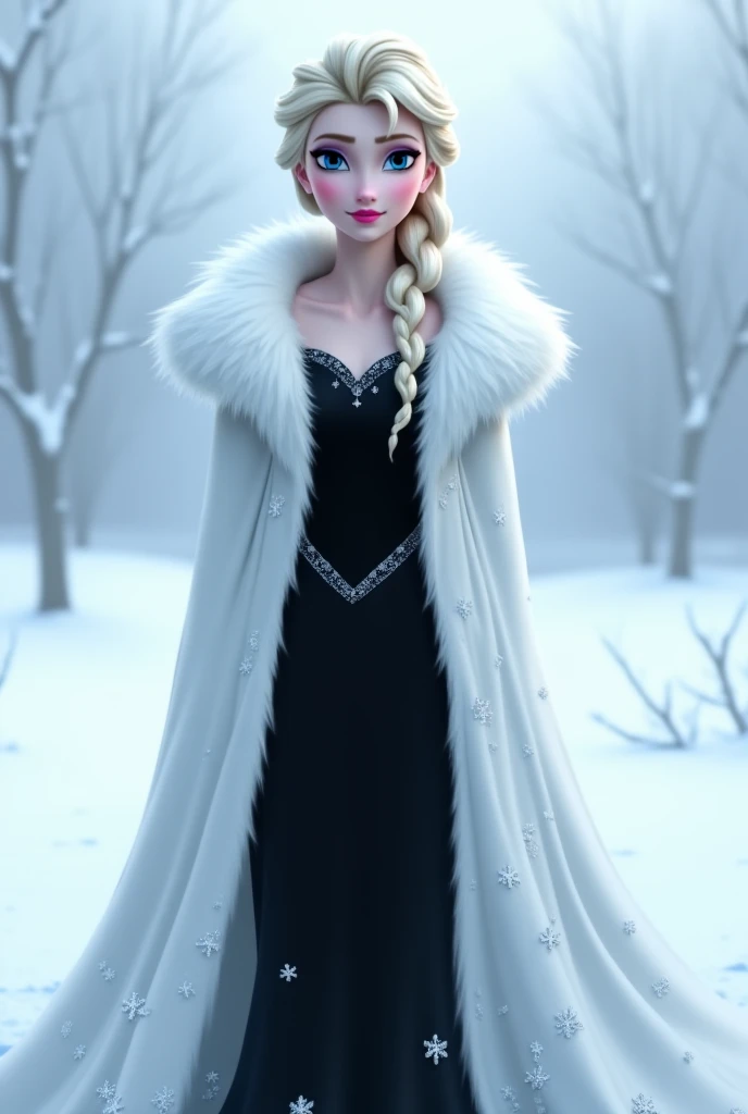 Elsa in a black dress and a white coat