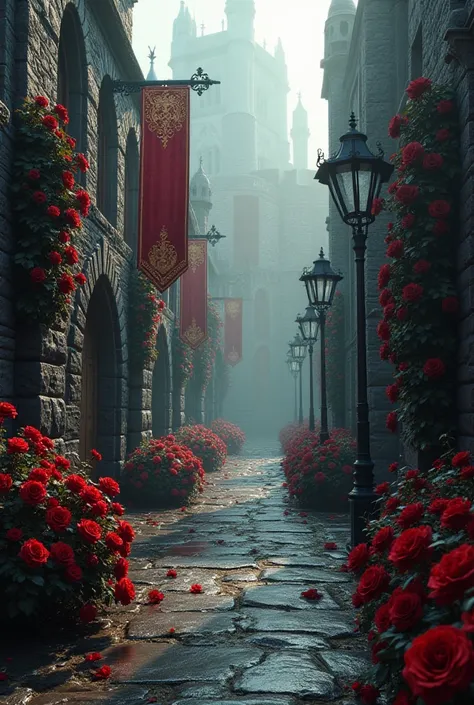 image of a realistic background of the streets of a dark kingdom with red roses adorning it next to banners that go from side to side