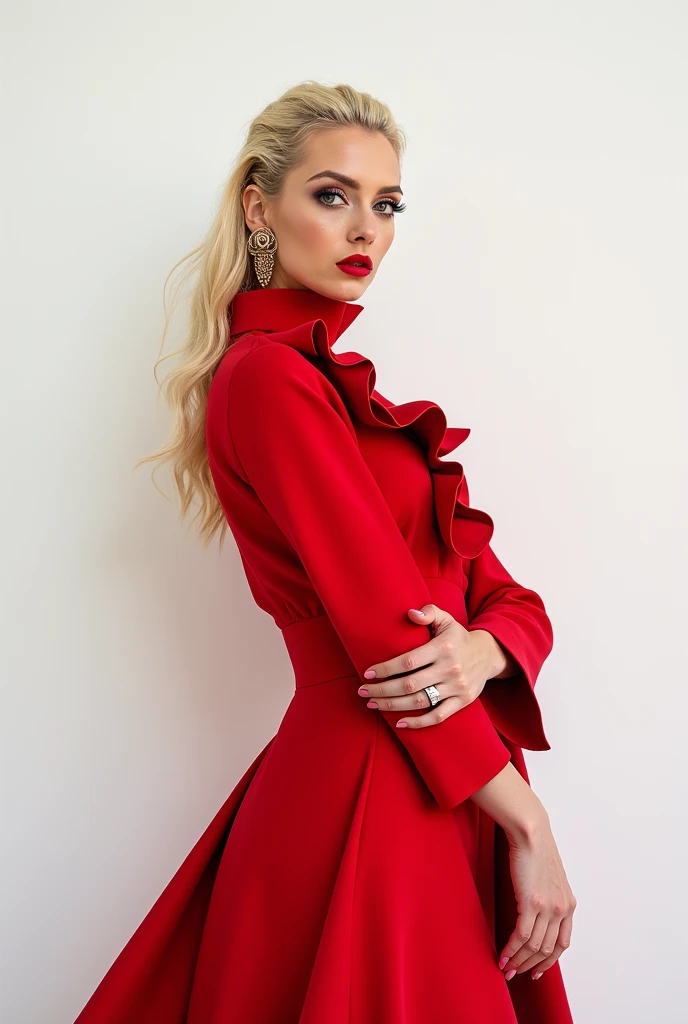 Real image of a female model posing in an elegant red dress in the style of Balenciaga and Lady Gaga on a white background.