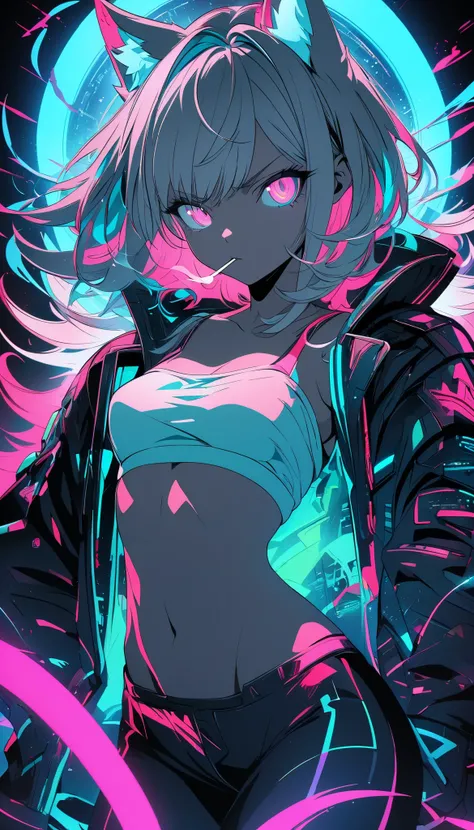 ( Masterpiece :1.2), ( Top Quality:1.2),   Ultra High Resolution,   tall very detailed  ,  Limited Palette, black background, colorful,(Sparkling Outline :0.85), neon,( black light :1.3), ( Wolf Girl ), (1 person,   boyish:1.3), Serious,  Androgynous charm...