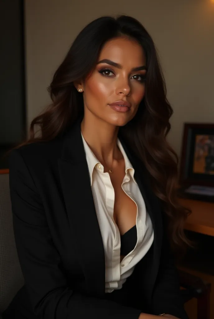 "María Sánchez ,  an amazingly beautiful psychologist inspired by Ximena Navarrete , She is sitting in her office ,  with her long, wavy hair falling on her shoulders .  She wears an impeccable black jacket suit ,  a white silk blouse and high heels .  Her...