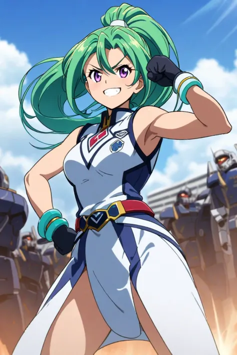  1girl,solo,strong willed , green hair,  you're clenching your right fist  ,  your hair bounces off  ,  sleeveless,  long hair,breasts,smile, handless gloves  ,smile,Winning Spirit, sleeveless,  Shut up your expression,  Pretty Cure,Gundam,Yu-Gi-Oh!!,Crims...