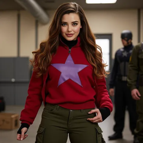 (((young woman with confident smile, red jacket with lilac star printed in the center, moss green army pants, black military boots))), (((brown eyes, very long hair with waves at the ends, light brown hair, hair combed to the side, slightly full lips, pret...