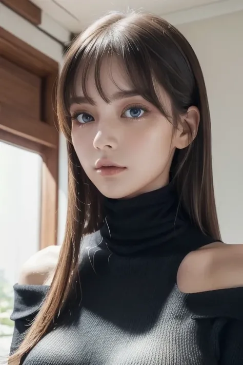 1girl in, 19 age, Solo, Super long straight hair, Colossal tits, Looking at Viewer, ((shiny light dark hair))、Messy bangs between beautiful eyes、de pele branca、Beautiful skin、glowy skin、Gloss Face、Teak Gloss、Bare shoulders, jewely, Full body, (Very detaile...