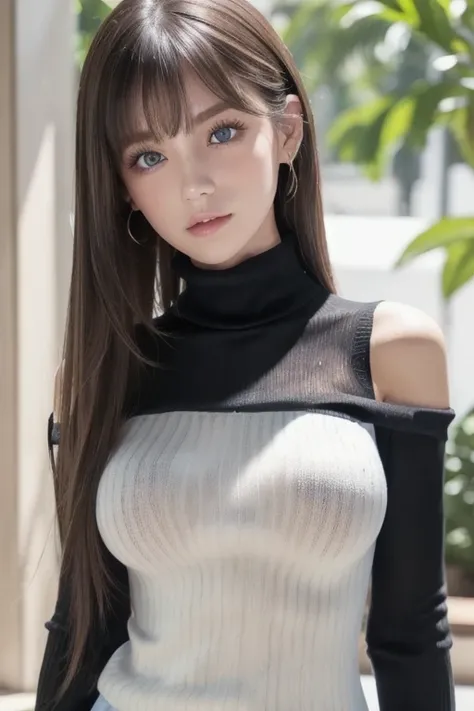 1girl in, 19 age, Solo, Super long straight hair, Colossal tits, Looking at Viewer, ((shiny light dark hair))、Messy bangs between beautiful eyes、de pele branca、Beautiful skin、glowy skin、Gloss Face、Teak Gloss、Bare shoulders, jewely, Full body, (Very detaile...