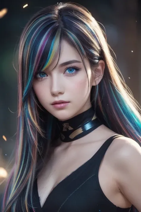 {{Masterpiece}},  best quality ,  Highly Detailed CG Unity 8K Wallpaper,  Cinematic Lights,  lens flare ,  beautiful detail eyes , black,  Sideways glance,   multi colored hair,  colorful  light, particle, Heterochromia, ( colorful :1.5), ( colorful  hair:...