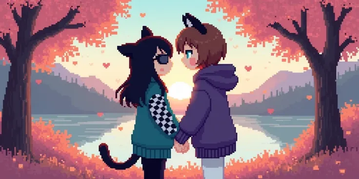 As a Spreen and Mictia in a super romantic place ( Spreen has black hair and black bear ears that match her hair, polarized sunglasses,  dark turquoise t-shirt , sleeves with checkerboard pattern ,  black pants. (Mictia has brown hair ,  a purple sweater a...