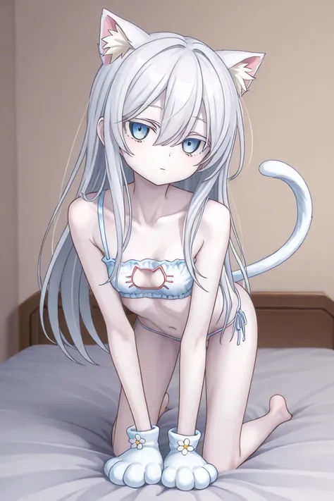 maple (Wingpa );  perfect hand;  1 girl;  albino;  very white skin;  I have very white skin;  very skinny girl ; petite girl;  very small breasts; Gray Hair;  straight hair;  long hair up to the waist;  White flower ornament ;   white eyebrow ;   blue eyes...