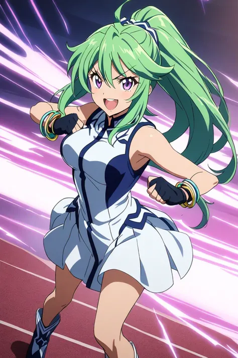  1girl,solo,strong willed , green hair,  you're clenching your right fist  ,  your hair bounces off  ,  sleeveless,  long hair,breasts,handless gloves  ,smile,Winning Spirit, sleeveless,  Shut up your expression,  Pretty Cure,Gundam,Yu-Gi-Oh!!,Crimson Song...