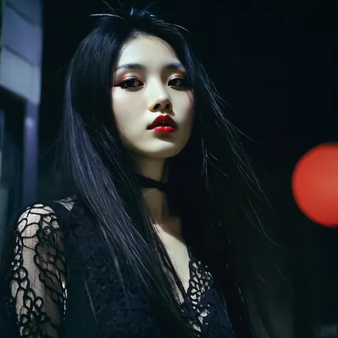 (ANALOG photo) (woman) (Japanese) very black long hair, gothic style clothing, night, summer, streets of Tokyo